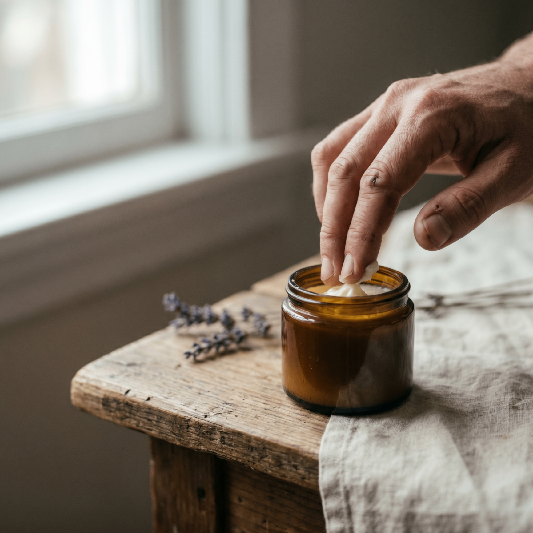 Hands whipping tallow balm in a farmstead kitchen